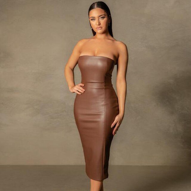 JuliaFashion - 2024 Strapless Stretch PU Bodycon Midi Dress