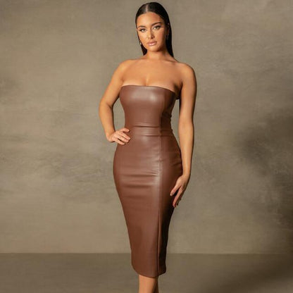 JuliaFashion - 2024 Strapless Stretch PU Bodycon Midi Dress