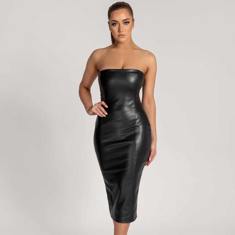 JuliaFashion - 2024 Strapless Stretch PU Bodycon Midi Dress