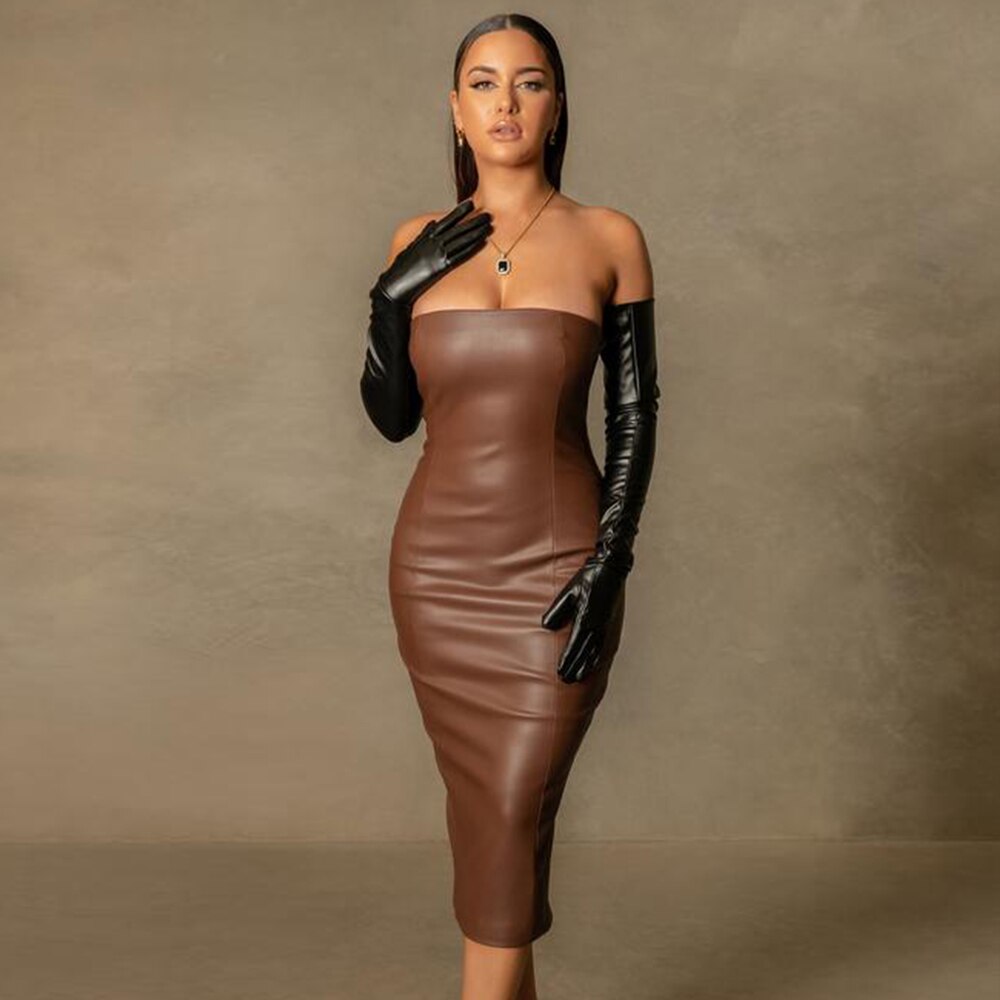 JuliaFashion - 2024 Strapless Stretch PU Bodycon Midi Dress