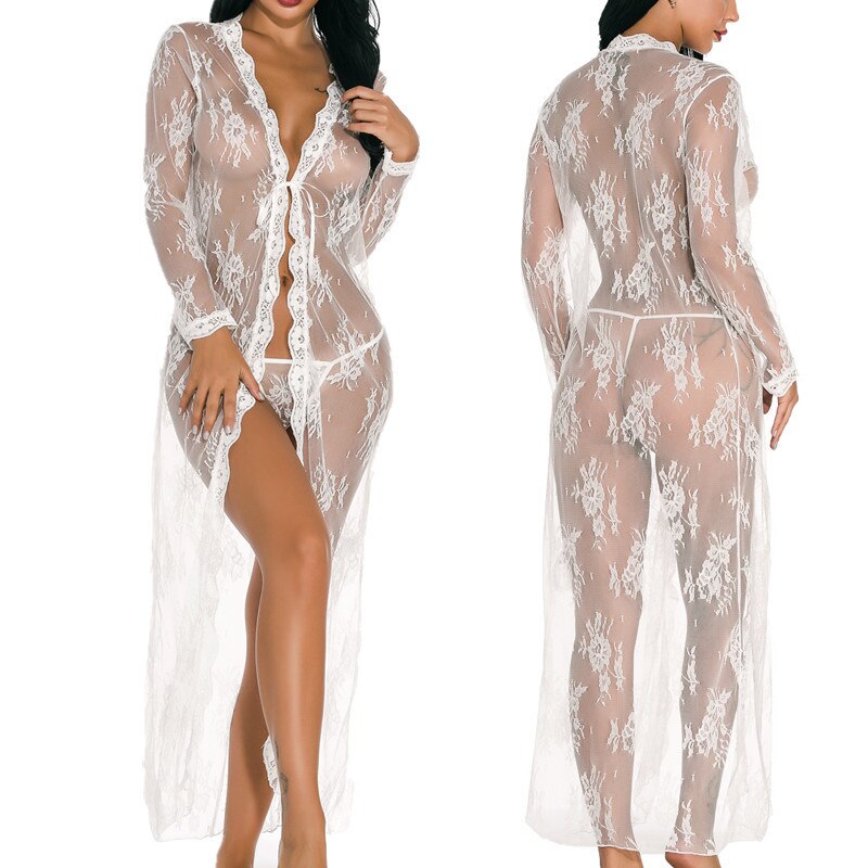 JuliaFashion-Lace Transparent Cardigan Nightclothes Beach Blouse Long Nightgown