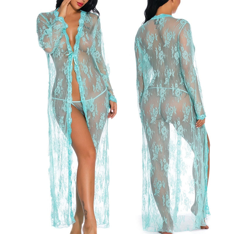 JuliaFashion-Lace Transparent Cardigan Nightclothes Beach Blouse Long Nightgown