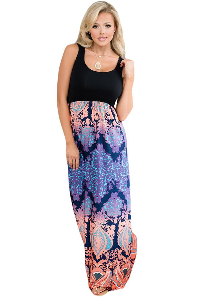 JuliaFashion-Orange Purple Aqua Print Sleeveless Long Boho Dress