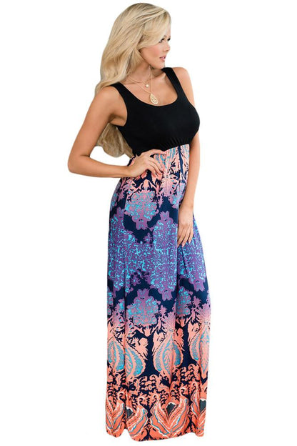 JuliaFashion-Orange Purple Aqua Print Sleeveless Long Boho Dress