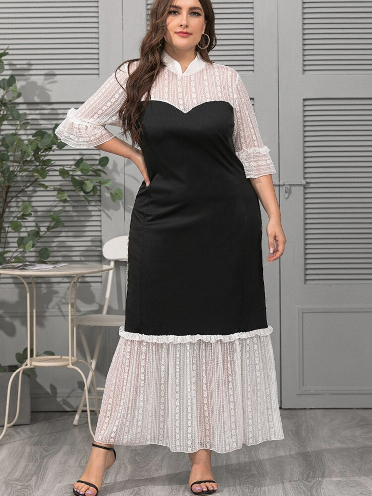 JuliaFashion-Lace Patchwork Elegant Chubby Women's Dresses