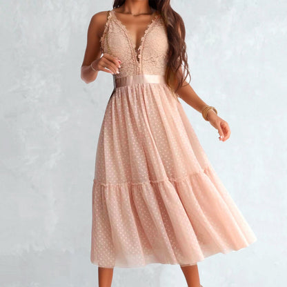 JuliaFashion-Casual Sleeveless Lace Patchwork V-Neck Midi Dress