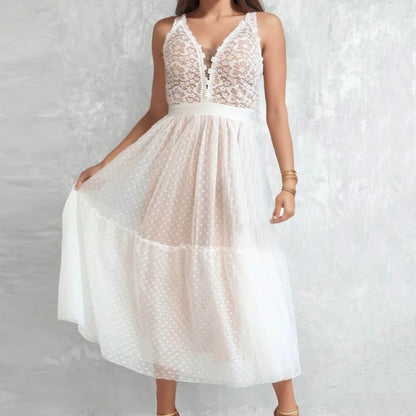 JuliaFashion-Casual Sleeveless Lace Patchwork V-Neck Midi Dress