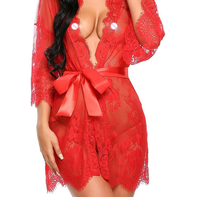 JuliaFashion-Lace-up Mesh See-through Nightdress