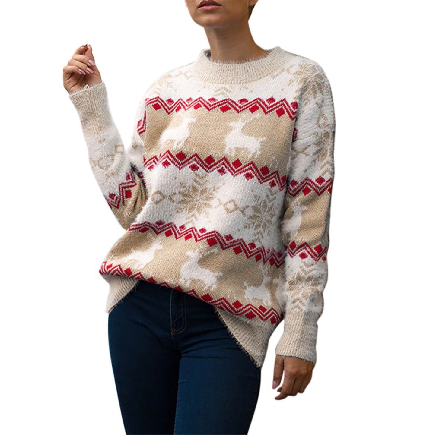 JuliaFashion-Ladies Sweater Print Retro Cardigan Women Christmas Knitted Sweater