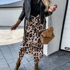 JuliaFashion - 2024 Women Front Knot Leopard Print High Waist Split Slim Skirt