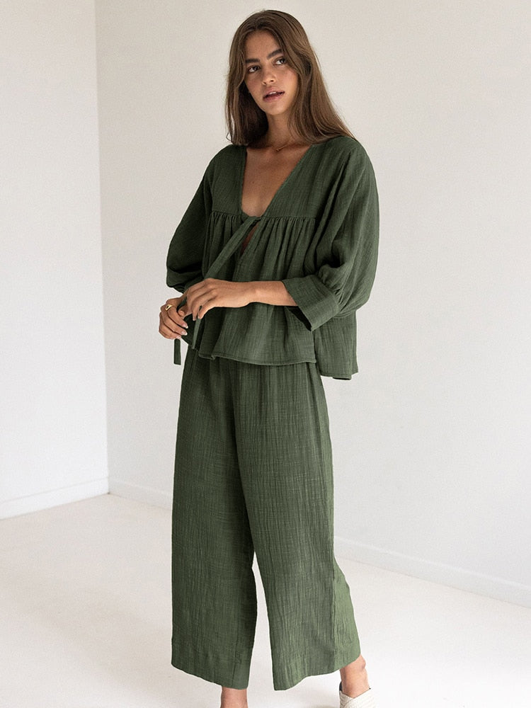 JuliaFashion-Cotton Three Quarter Sleeve V Neck Lace Up Pajama