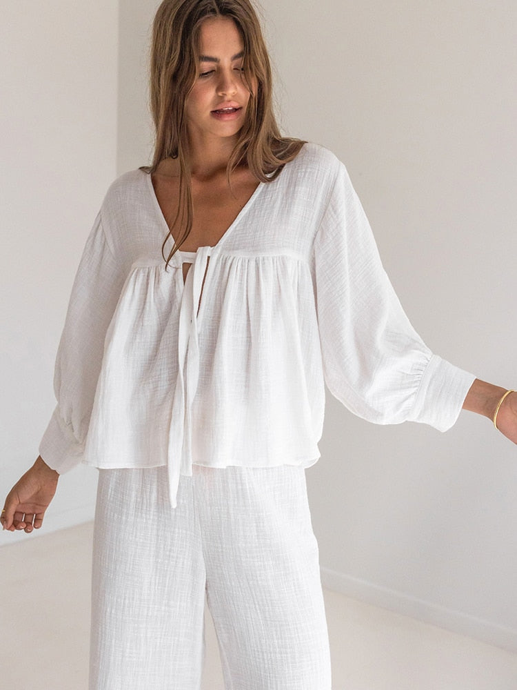 JuliaFashion-Cotton Three Quarter Sleeve V Neck Lace Up Pajama