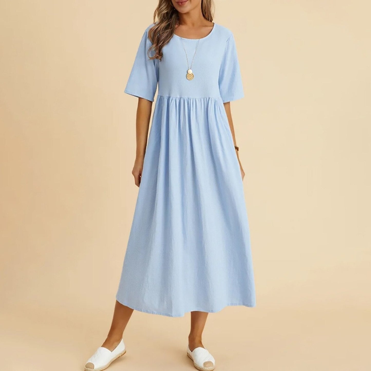 JuliaFashion-Flowy Solid A-line Midi Dress