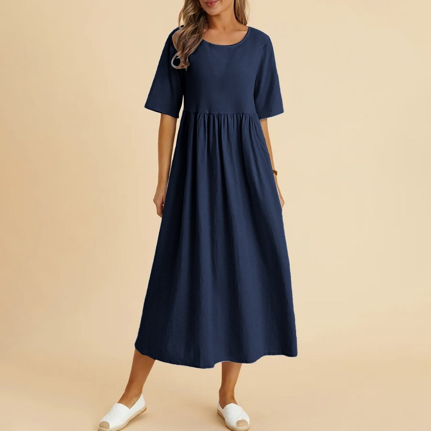 JuliaFashion-Flowy Solid A-line Midi Dress