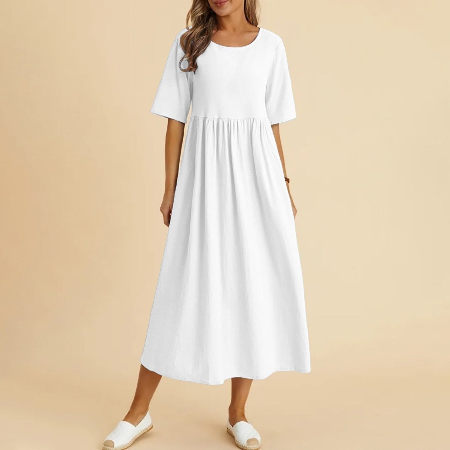 JuliaFashion-Flowy Solid A-line Midi Dress