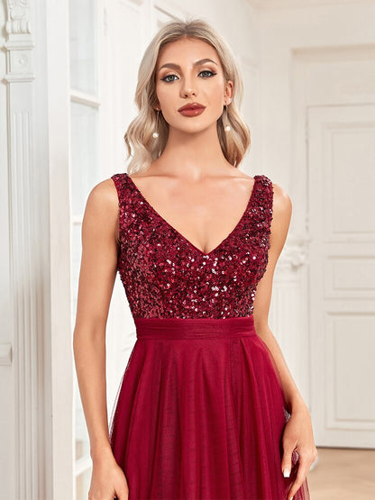 JuliaFashion - 2024 V-Neck Sleeveless Sequin Floor Length Dress