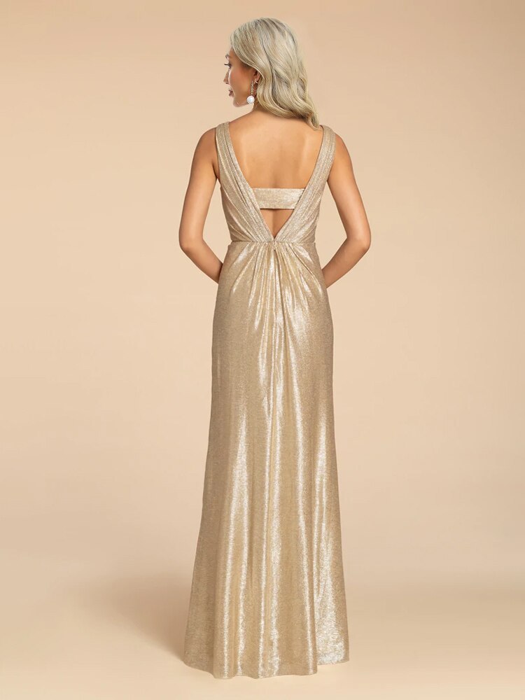 JuliaFashion-Luxury Gold Sequin Backless V-Neck Dress