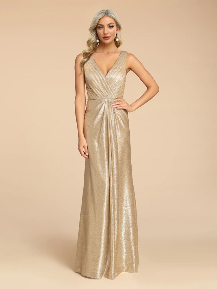 JuliaFashion-Luxury Gold Sequin Backless V-Neck Dress