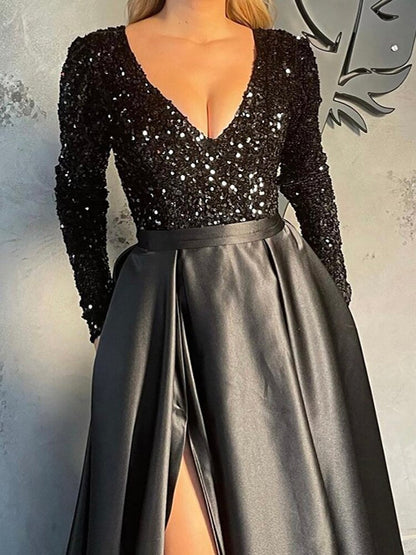 JuliaFashion-Lush Black Sequin Patchwork Maxi Prom Dress