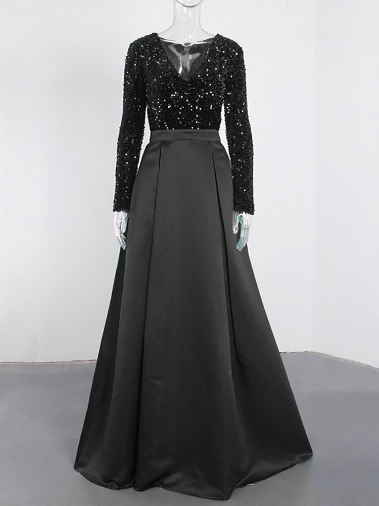 JuliaFashion-Lush Black Sequin Patchwork Maxi Prom Dress