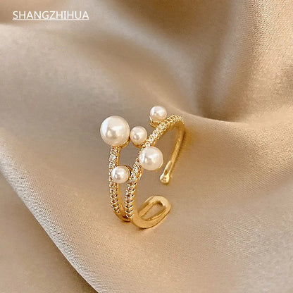 JuliaFashion-Exquisite Double-deck Pearl Adjustable Ring