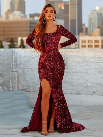 JuliaFashion-Luxury Burgundy Sequin Floor Evening Dress