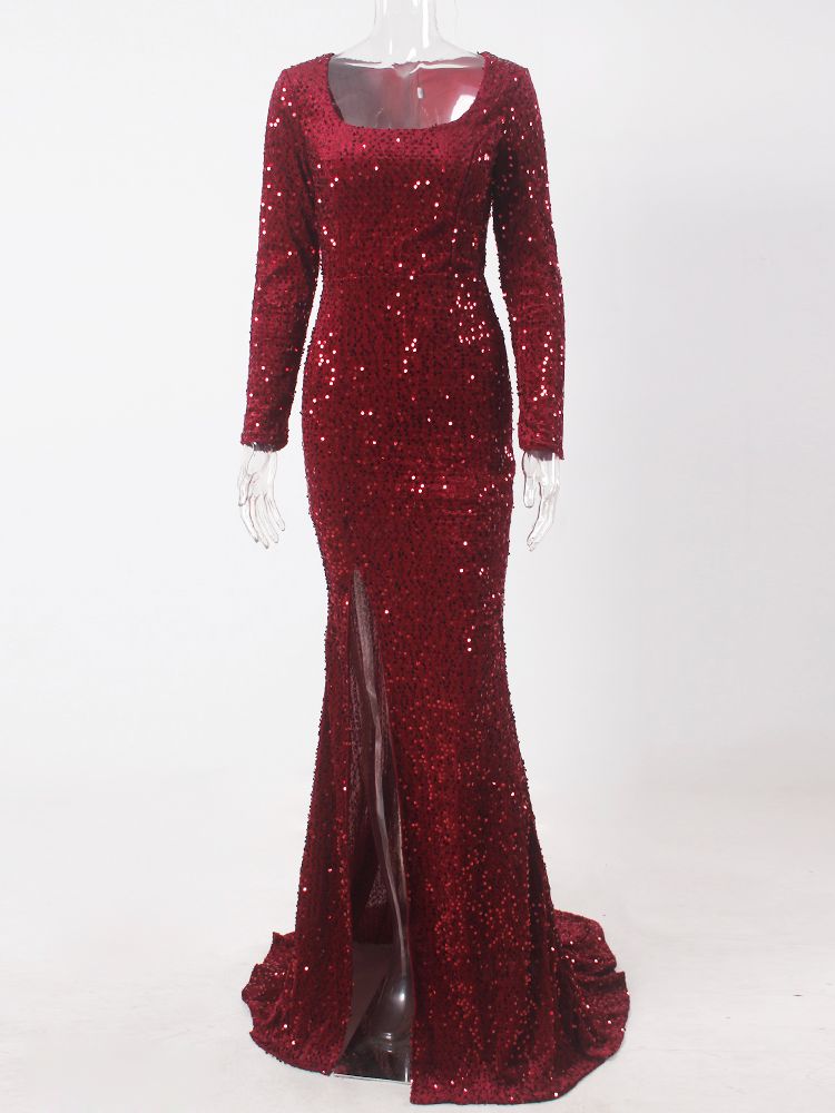 JuliaFashion-Luxury Burgundy Sequin Floor Evening Dress