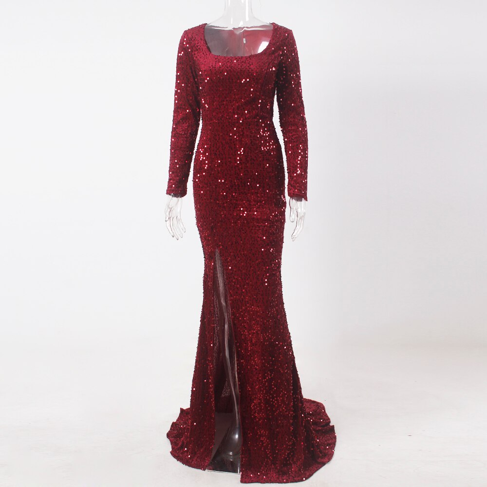 JuliaFashion-Luxury Burgundy Sequin Floor Evening Dress