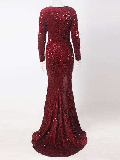 JuliaFashion-Luxury Burgundy Sequin Floor Evening Dress