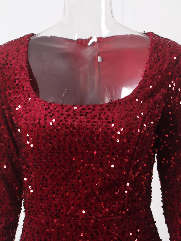 JuliaFashion-Luxury Burgundy Sequin Floor Evening Dress