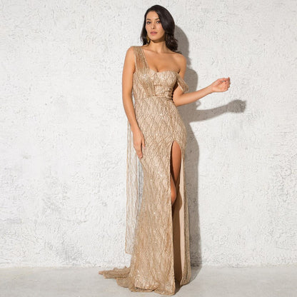 JuliaFashion-Luxury One Shoulder Glitter Celebrity Inspiration Dress