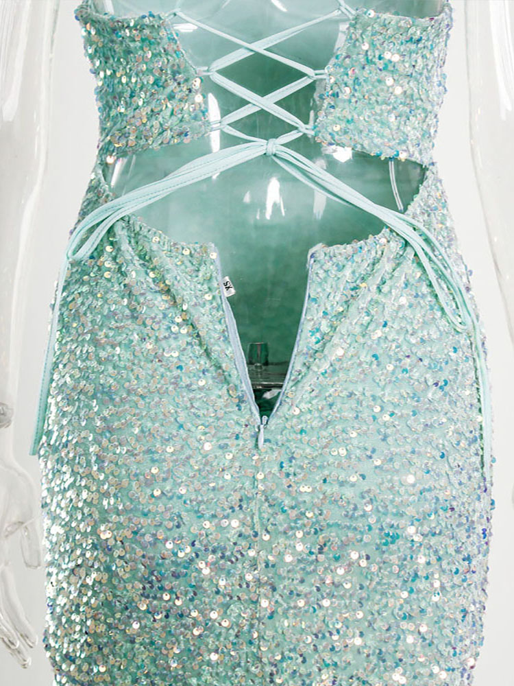 JuliaFashion-Luxury Mint Sequin Slip Long Cocktail Party Dress