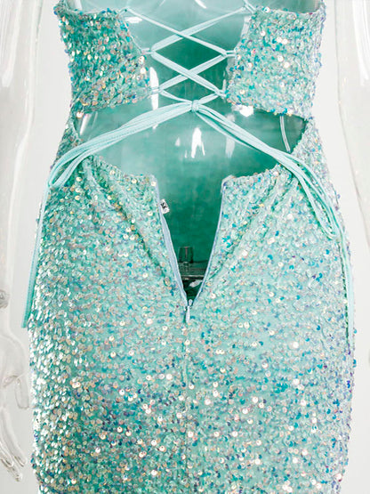 JuliaFashion-Luxury Mint Sequin Slip Long Cocktail Party Dress