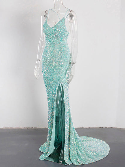 JuliaFashion-Luxury Mint Sequin Slip Long Cocktail Party Dress