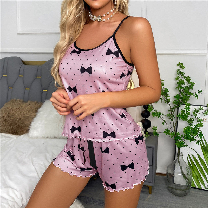 JuliaFashion-Floral Silk Satin Cami Top and Shorts Pajamas Set