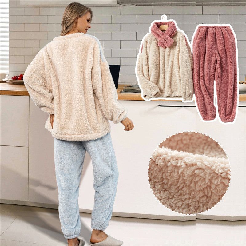 JuliaFashion-Long Velvet Flannel Warm Pajamas Set