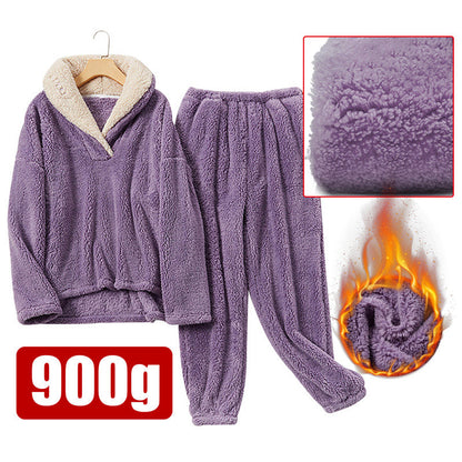 JuliaFashion-Long Velvet Flannel Warm Pajamas Set