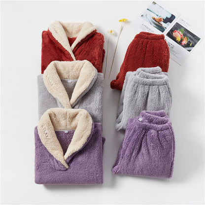 JuliaFashion-Long Velvet Flannel Warm Pajamas Set