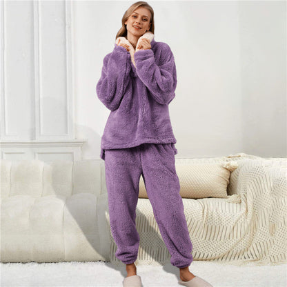 JuliaFashion-Long Velvet Flannel Warm Pajamas Set