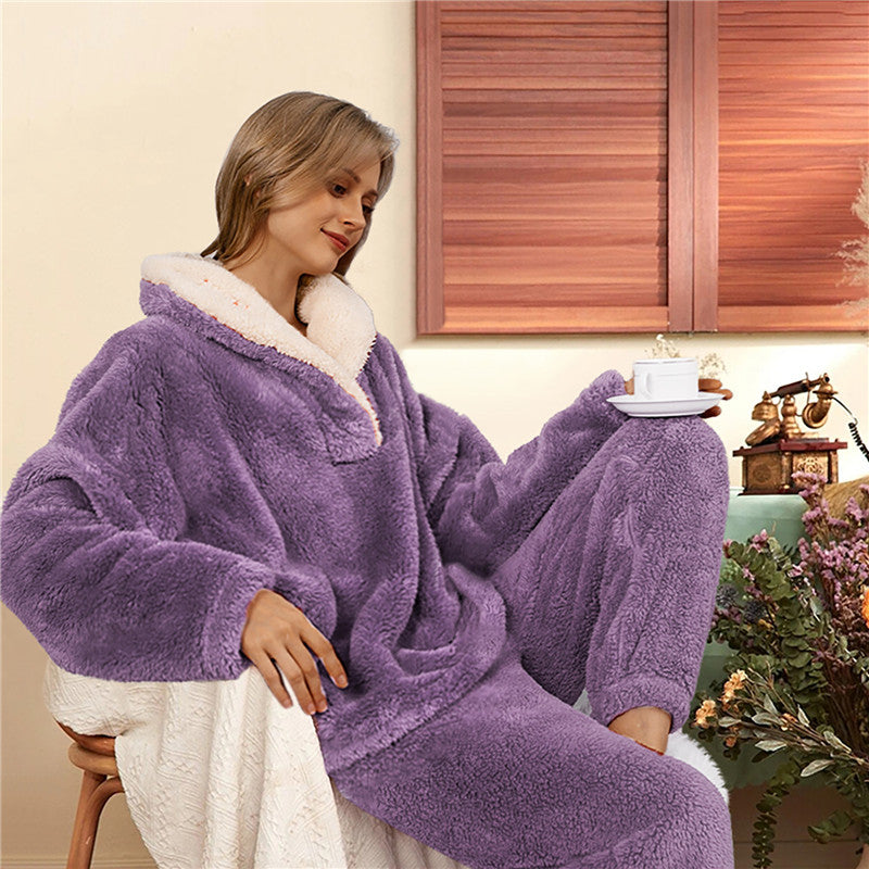 JuliaFashion-Long Velvet Flannel Warm Pajamas Set