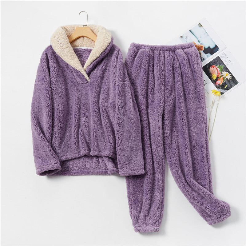 JuliaFashion-Long Velvet Flannel Warm Pajamas Set