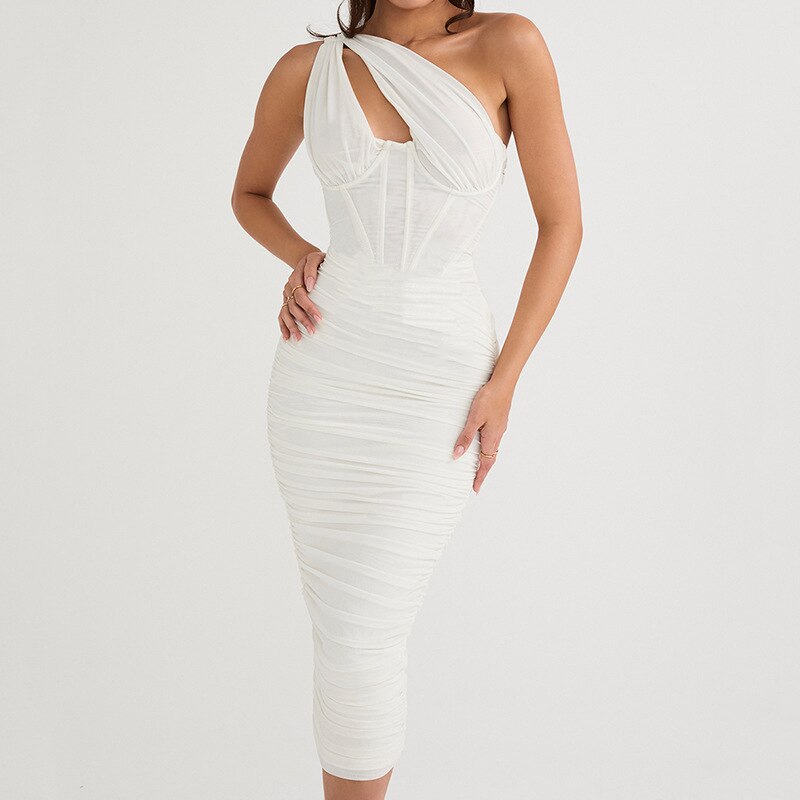 JuliaFashion - 2024 Ruched One Shoulder Bodycon Evening Cutout Dress