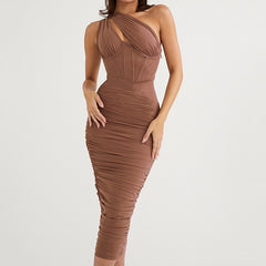 JuliaFashion - Ruched One Shoulder Bodycon Evening Cutout Dress