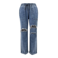 JuliaFashion-Mid-waist Jeans Women's Blue Stretch Patch Harem Pants