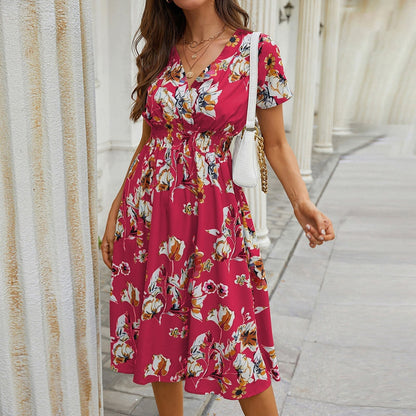 JuliaFashion-Floral Printed Elastic Waist Midi Dress