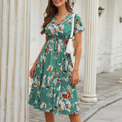 JuliaFashion-Floral Printed Elastic Waist Midi Dress