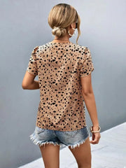 JuliaFashion-Lace Trim V-Neck Printed Tee