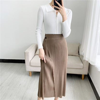 JuliaFashion-High-Waisted Slim Midi Skirt