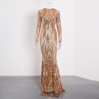 JuliaFashion-Modest Gold Geometric Sequin Evening Dress