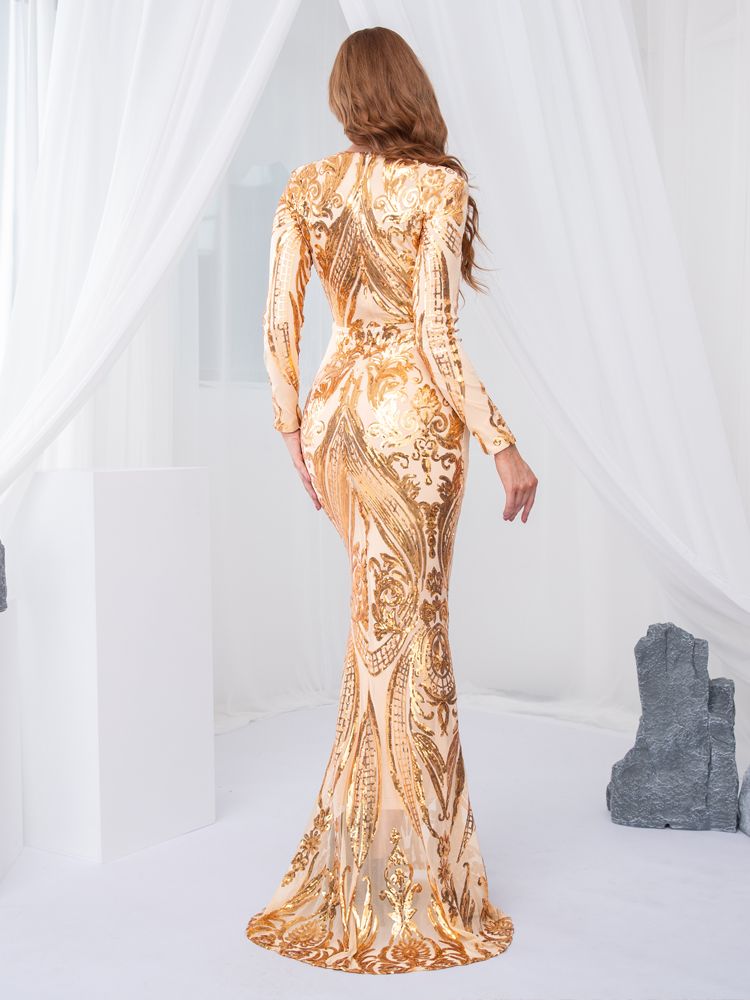 JuliaFashion-Modest Gold Geometric Sequin Evening Dress